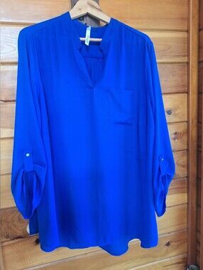 Women’s Royal Blue V-Neck Blouse with Roll-Tab Sleeves